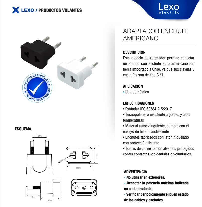 Adaptador Enchufe Americano Blanco 10a Lexo