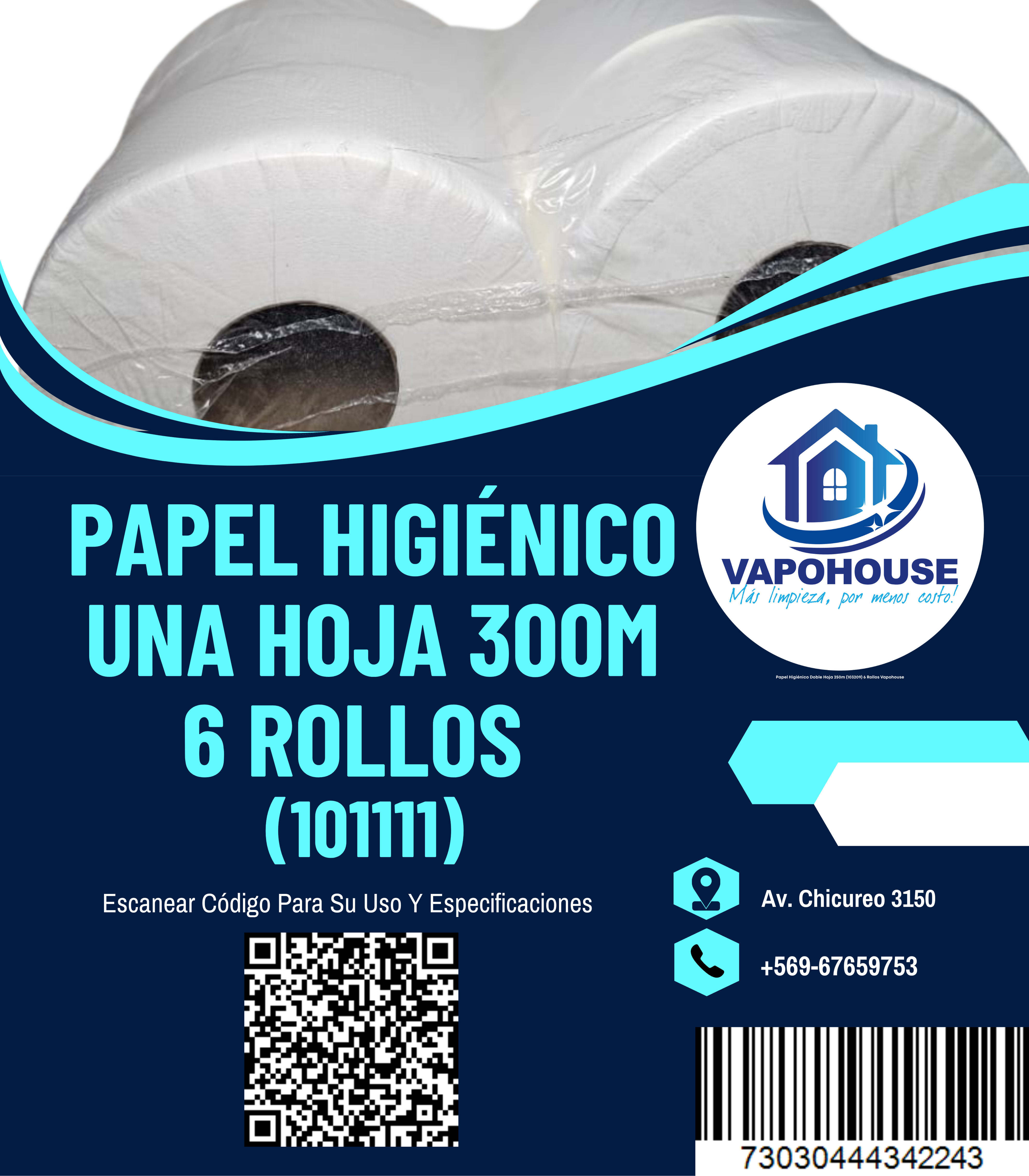 Papel Higiénico Una Hoja 300m (101111) 6 Rollos Vapohouse