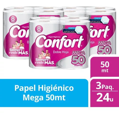 Papel Higiénico Doble Hoja 50m 24 Rollos Confort