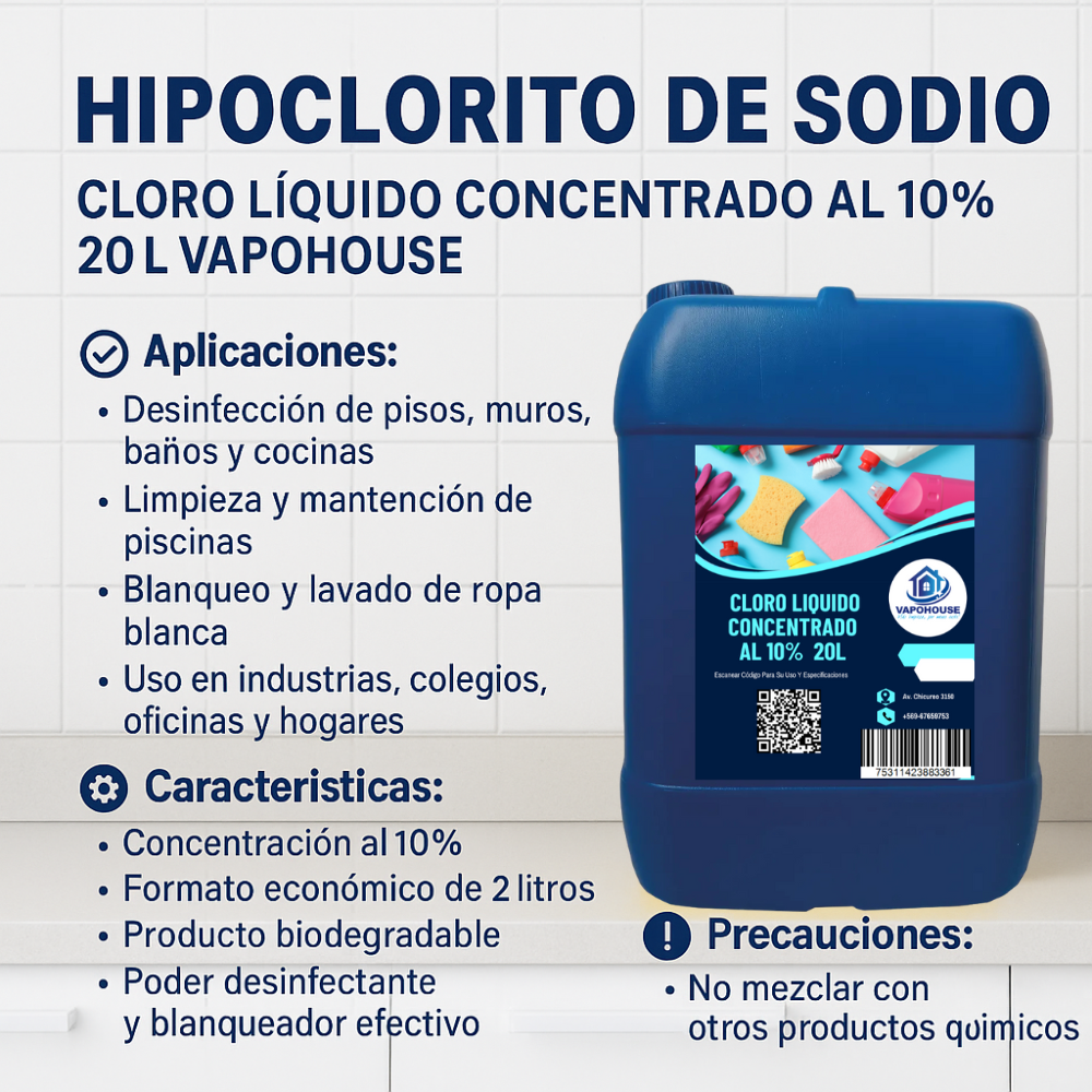 Cloro Liquido Concentrado Al 10% 20L Vapohouse