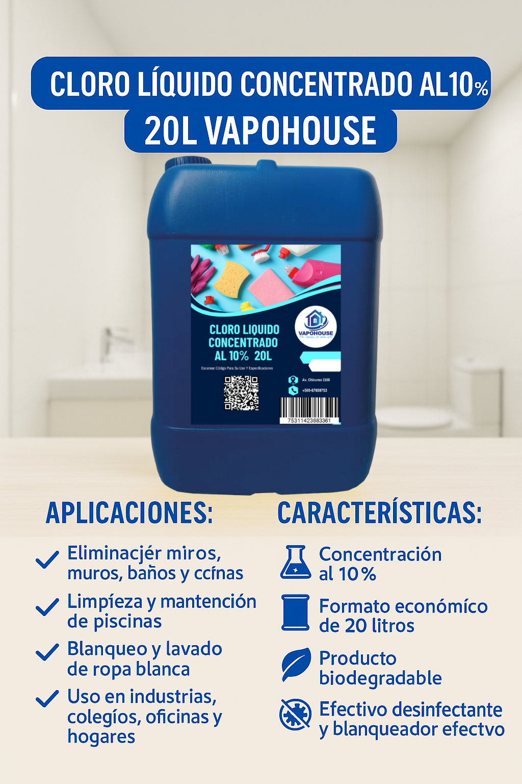 Cloro Liquido Concentrado Al 10% 20L Vapohouse