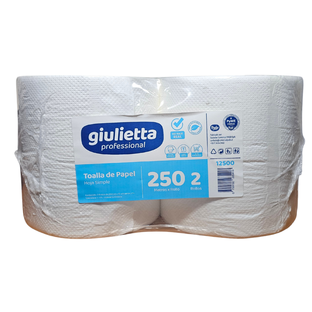 Toalla De Papel Una Hoja 250m 2 Rollos (12500) Giulietta