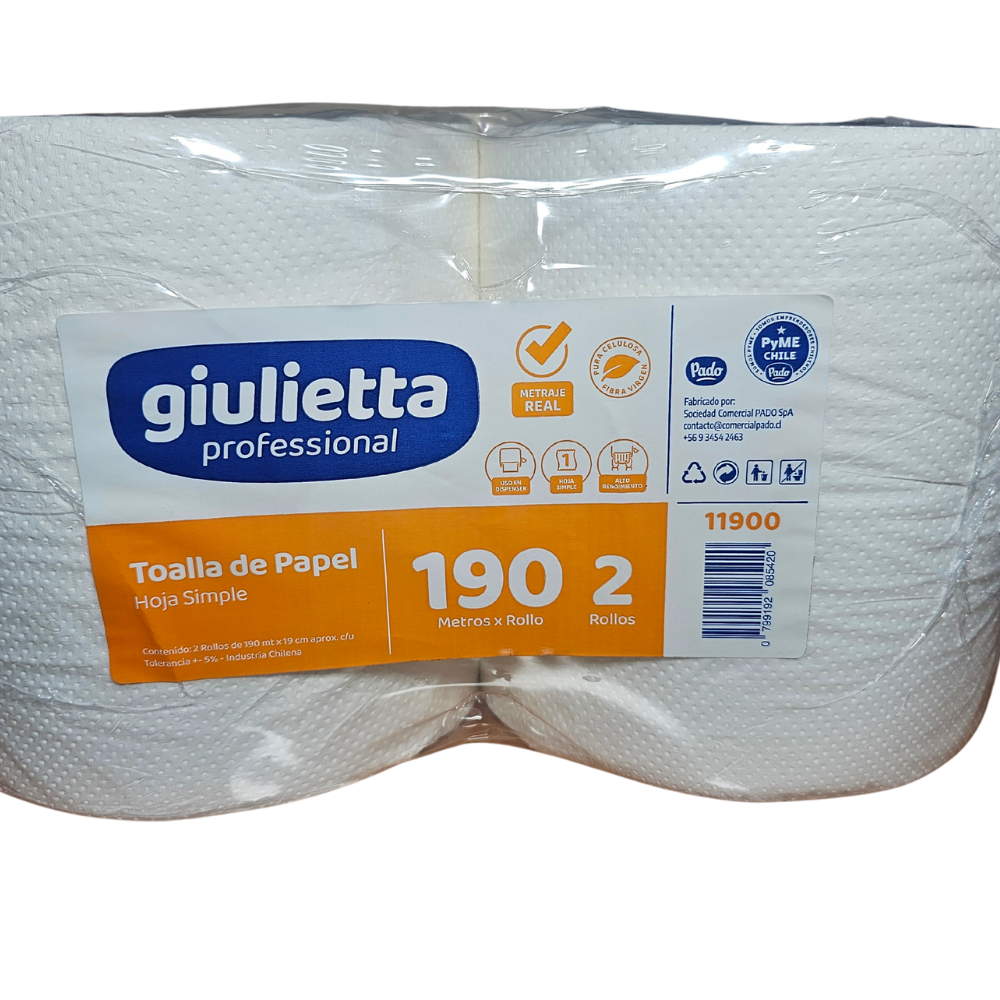 Toalla De Papel Una Hoja 190m 2 Rollos (11900) Giulietta