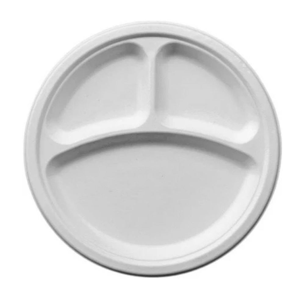 Plato Blanco Biodegradable 3 Divisiones Desechable 26cm 50u Vanni