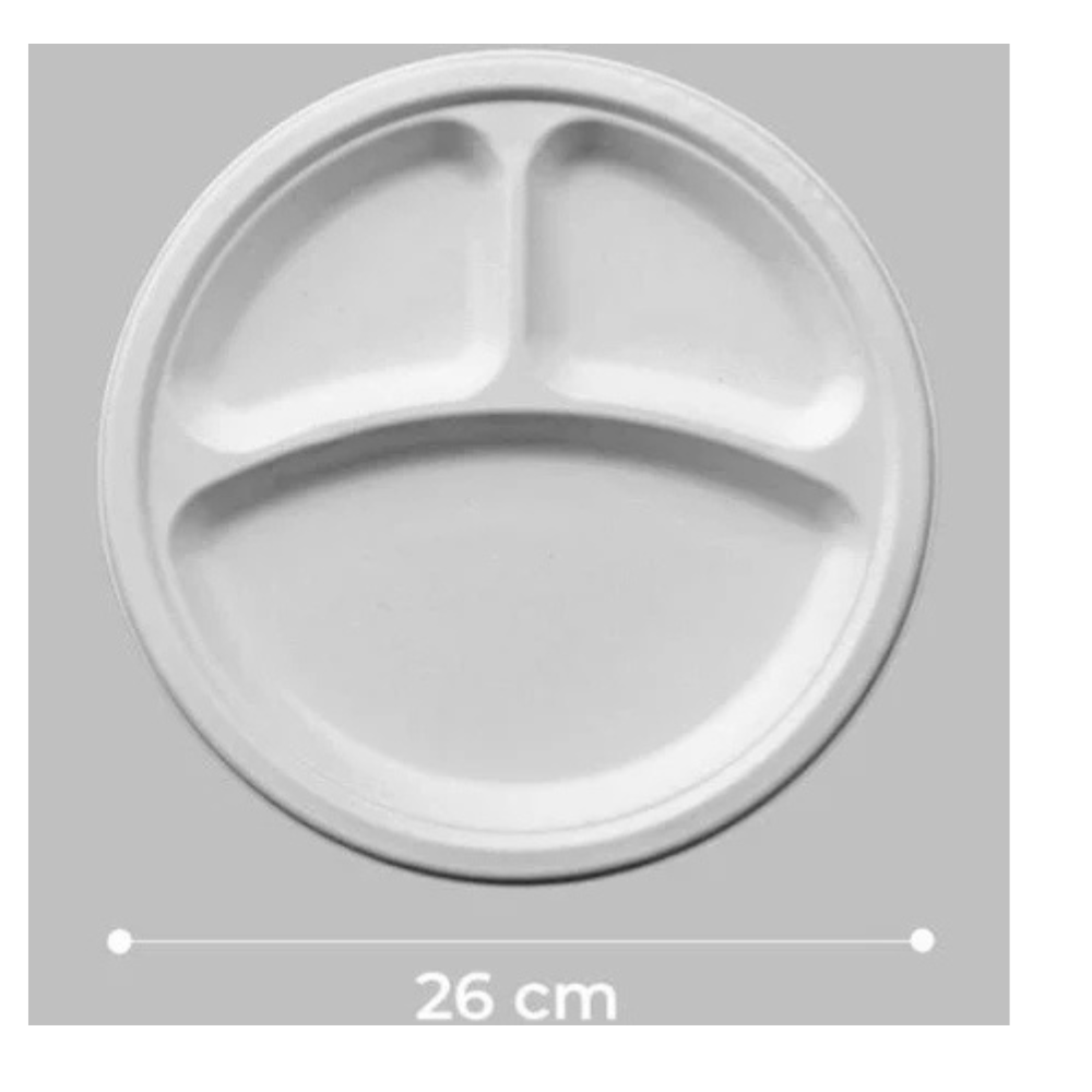 Plato Blanco Biodegradable 3 Divisiones Desechable 26cm 50u Vanni
