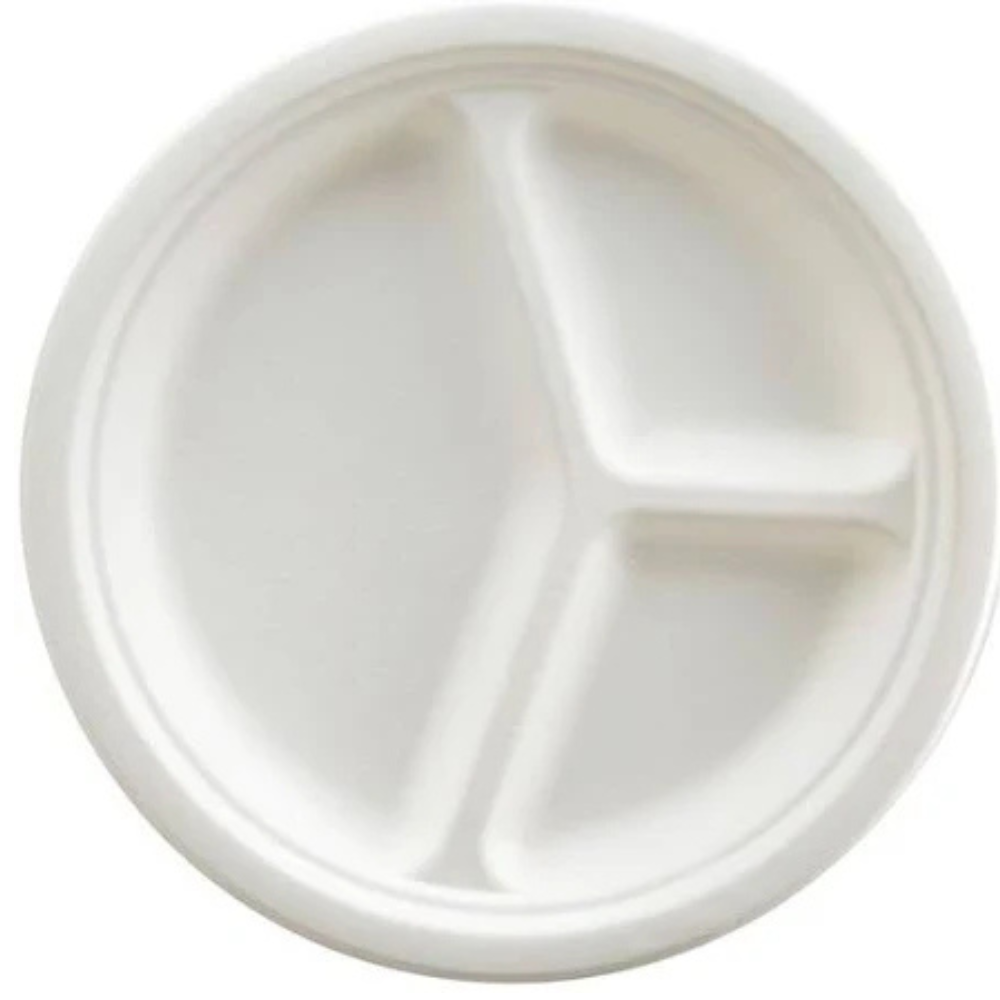Plato Blanco Biodegradable 3 Divisiones Desechable 26cm 50u Vanni