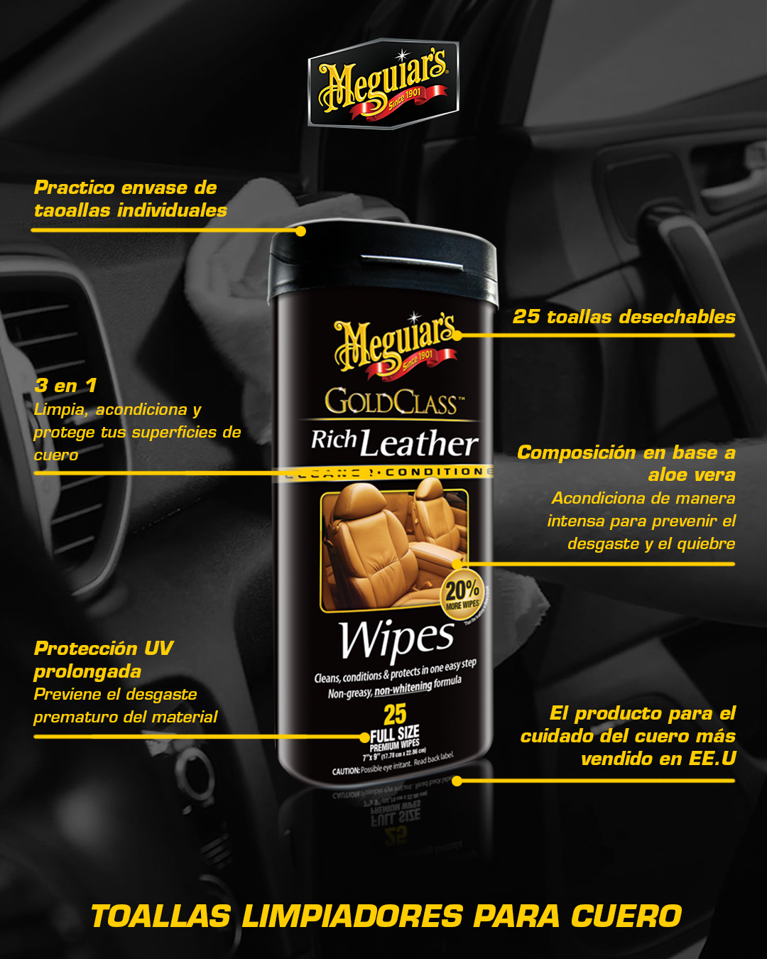 Toallitas Limpiadoras de Cuero Gold Class Rich Leather Wipes 25u · Meguiar's (G10900)