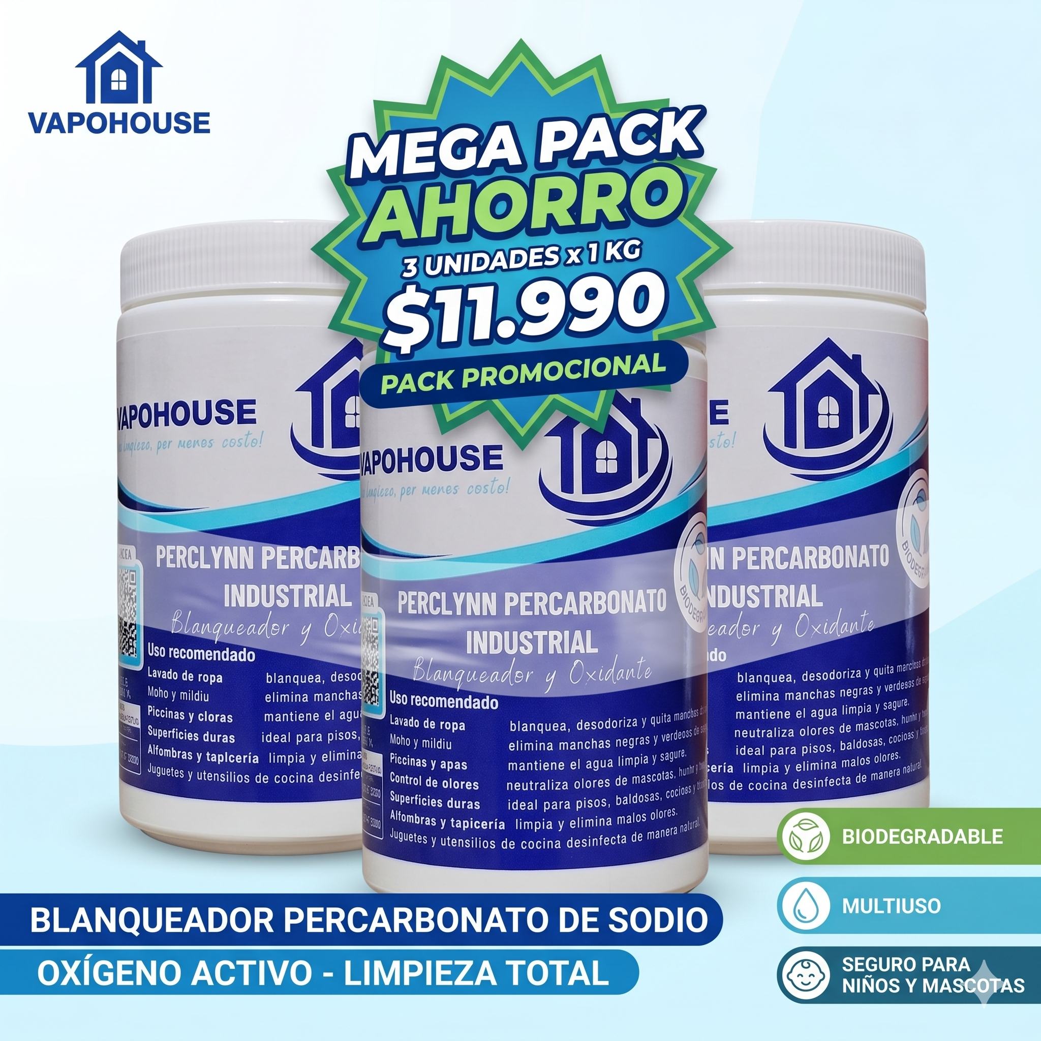 🏆 BESTSELLER · Percarbonato de Sodio Mega Pack 3kg · Vapohouse