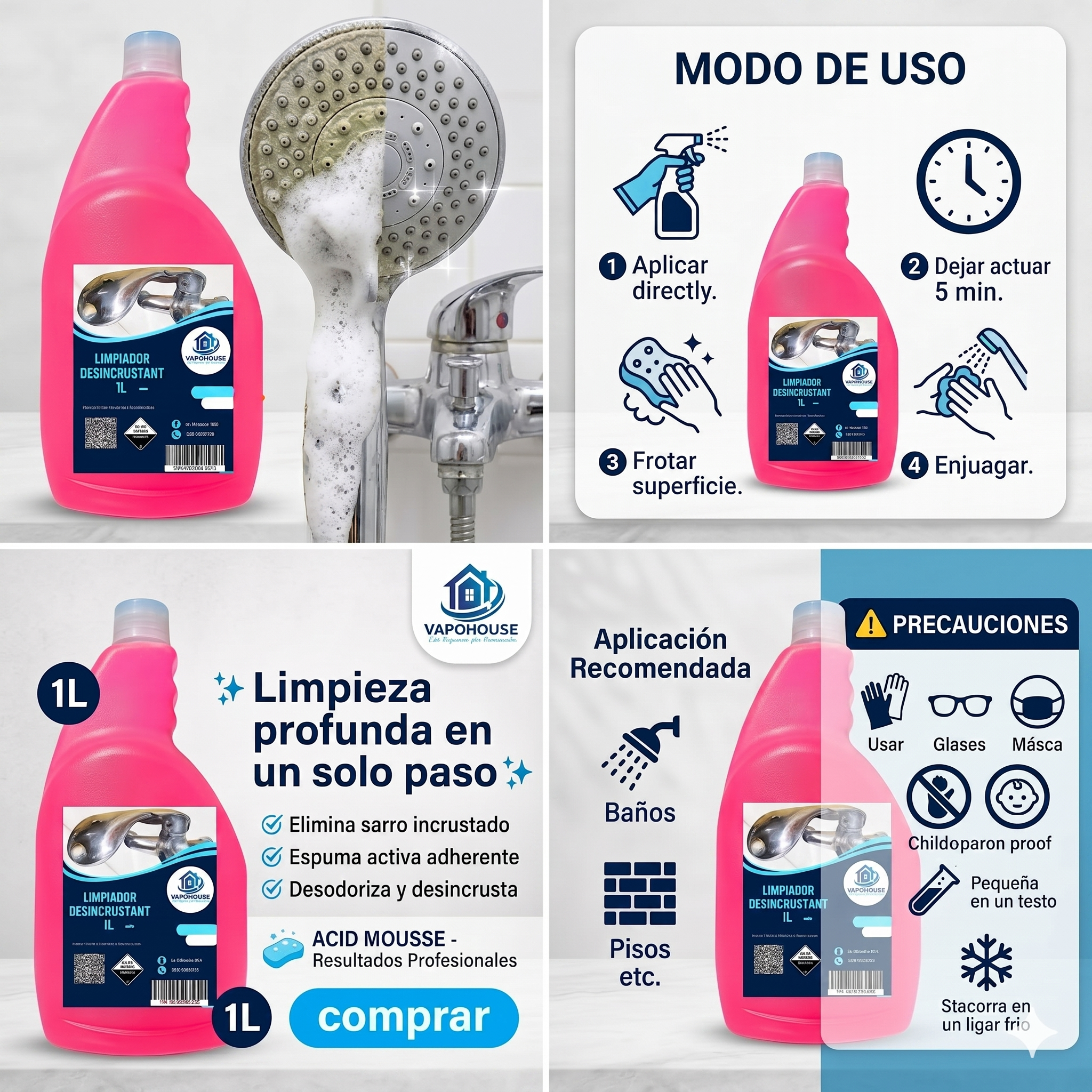 Limpiador Desincrustante Sarro Acid Mousse 1L Vapohouse