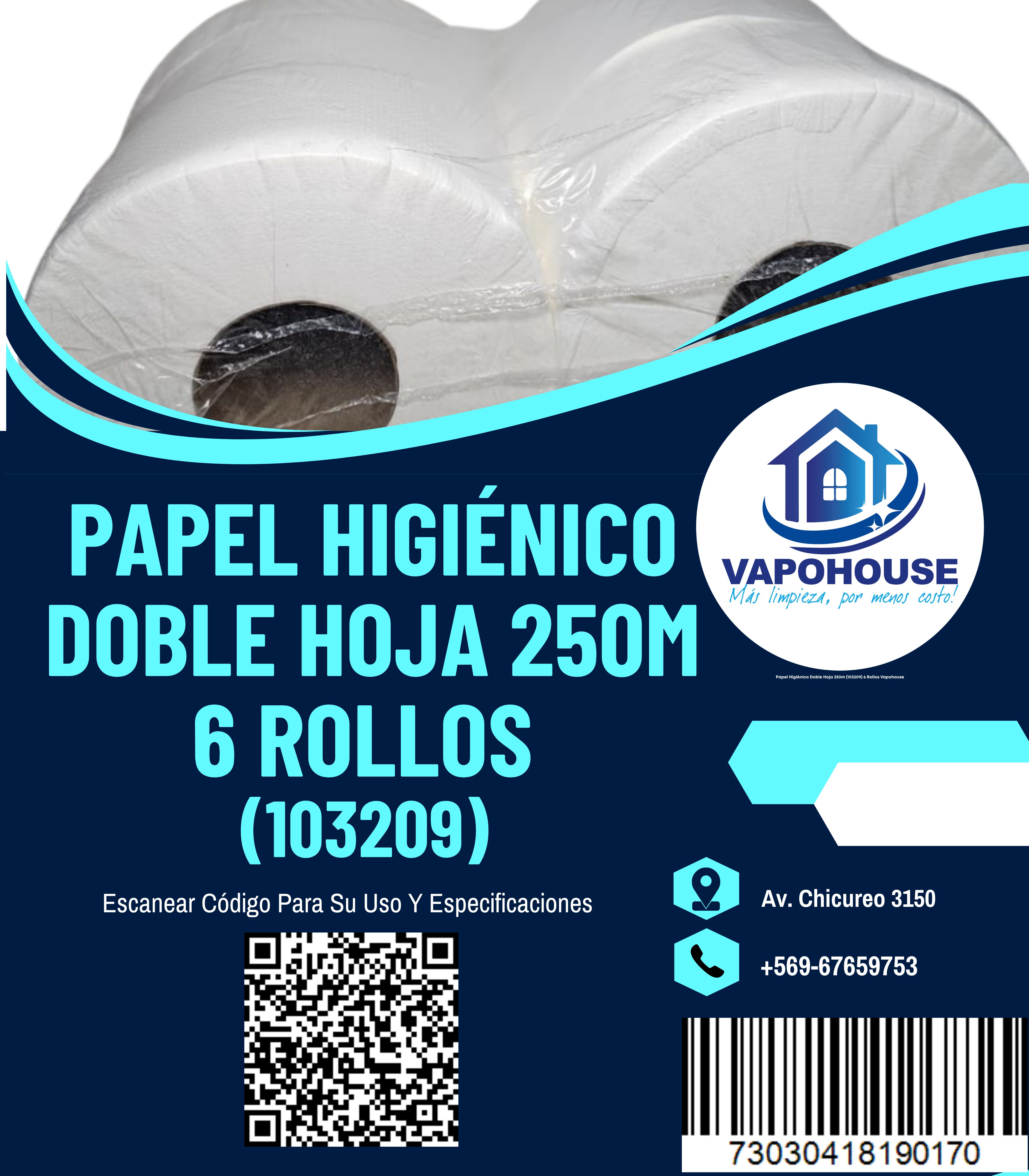 Papel Higiénico Doble Hoja 250m (103209) 6 Rollos Vapohouse