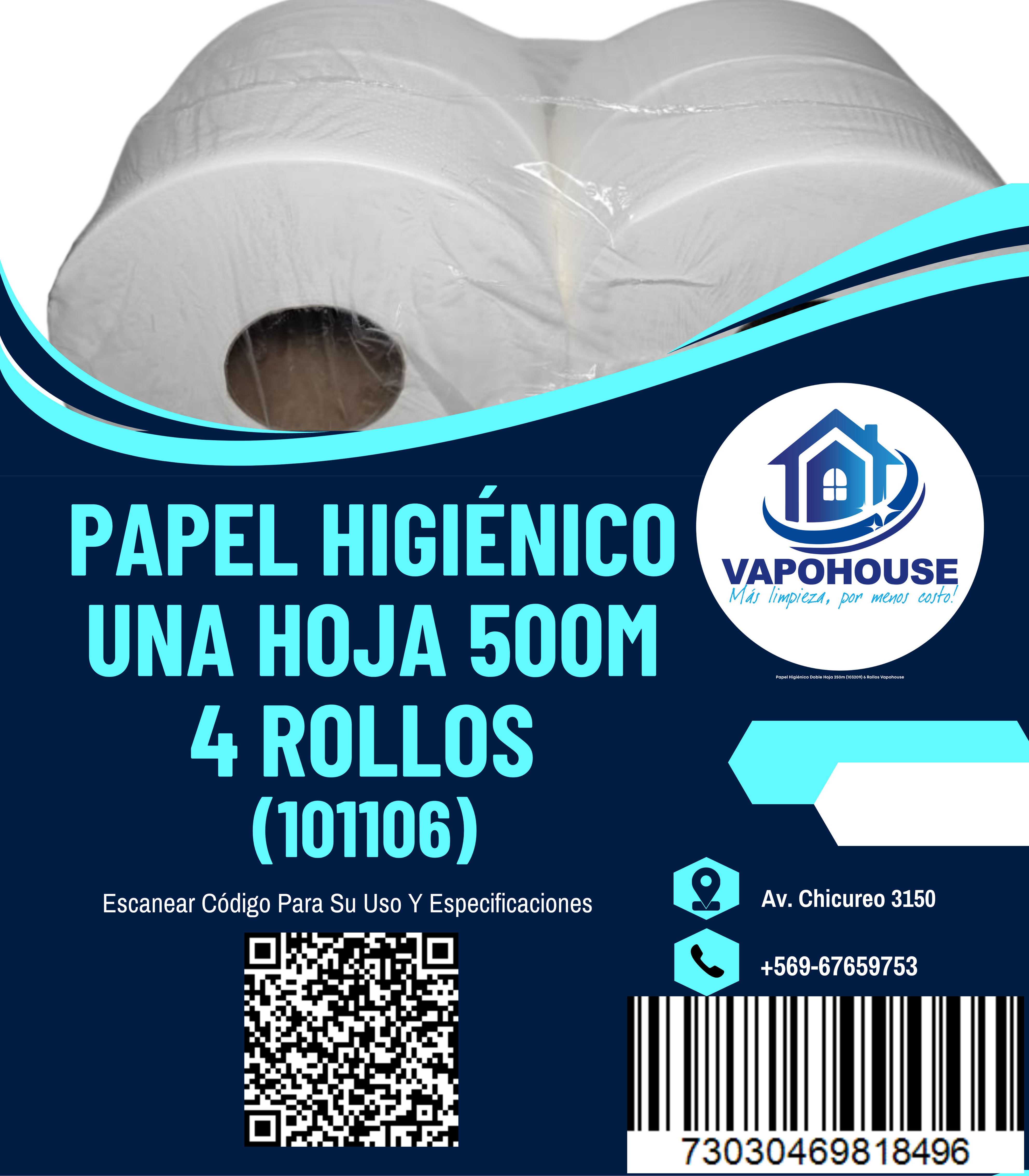 Papel Higiénico Una Hoja 500m (101106) 4 Rollos Vapohouse