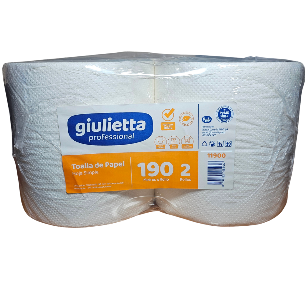 Toalla De Papel Una Hoja 190m 2 Rollos (11900) Giulietta