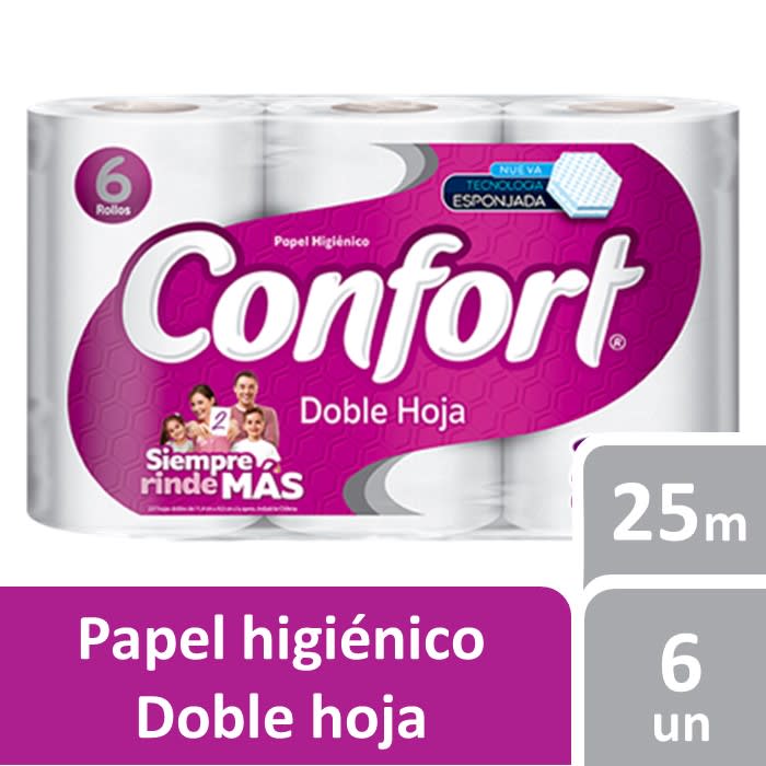 Papel Higiénico Doble Hoja 25m 6 Rollos Confort