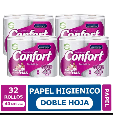 Papel Higiénico Doble Hoja 40m 32 Rollos Confort