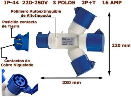 Derivacion Para Enchufe Industrial 3 Hembras 16A 250v IP44 Lexo