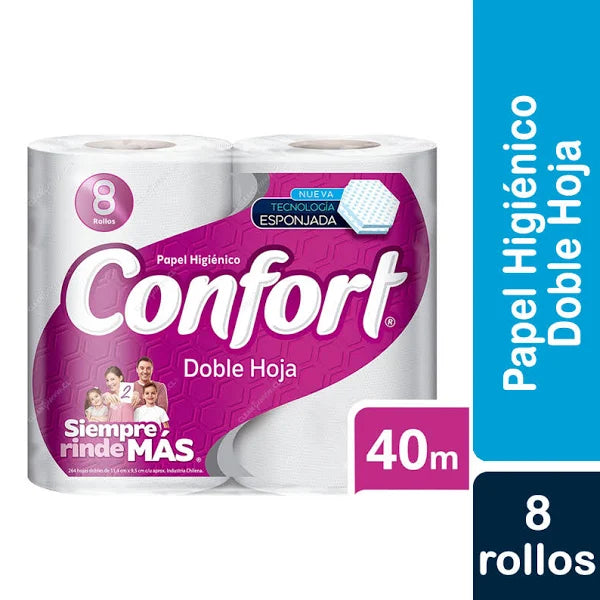 Papel Higiénico Doble Hoja 40m 8 Rollos Confort