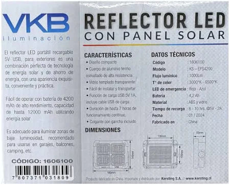 Reflector Portatil Recargable Solar 100W Negro 2700K y 6500K VKB