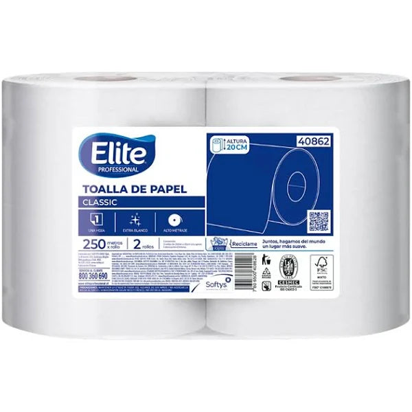 Toalla De Papel Una Hoja 250m 2 Rollos (40862) Elite