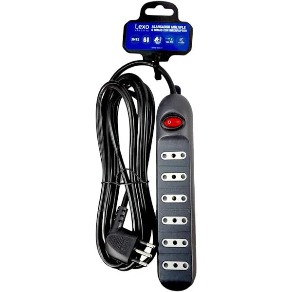 Alargador Zapatilla 6 Tomas Negro Con Interruptor 6m 10am Lexo