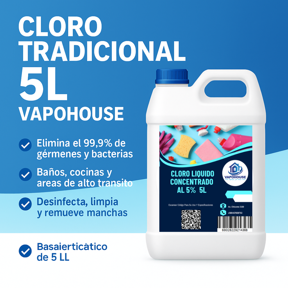 Cloro Liquido Concentrado Al 5% 5L Vapohouse