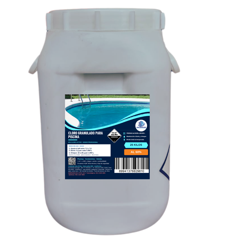 Cloro Granulado para Piscina 60% · 25kg · Vapohouse