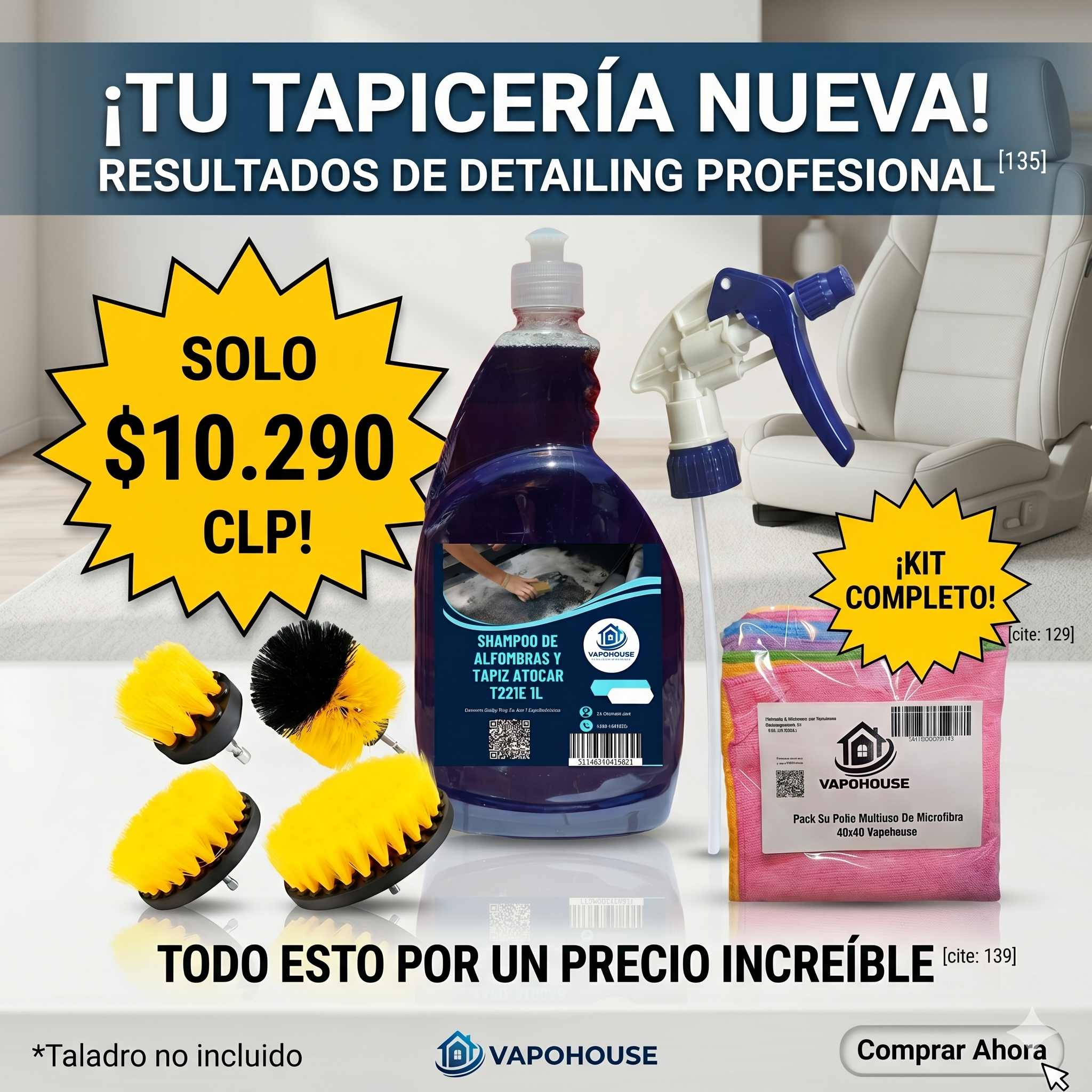 Kit de Limpieza de Tapices, Alfombras y Vehículos 1L Vapohouse