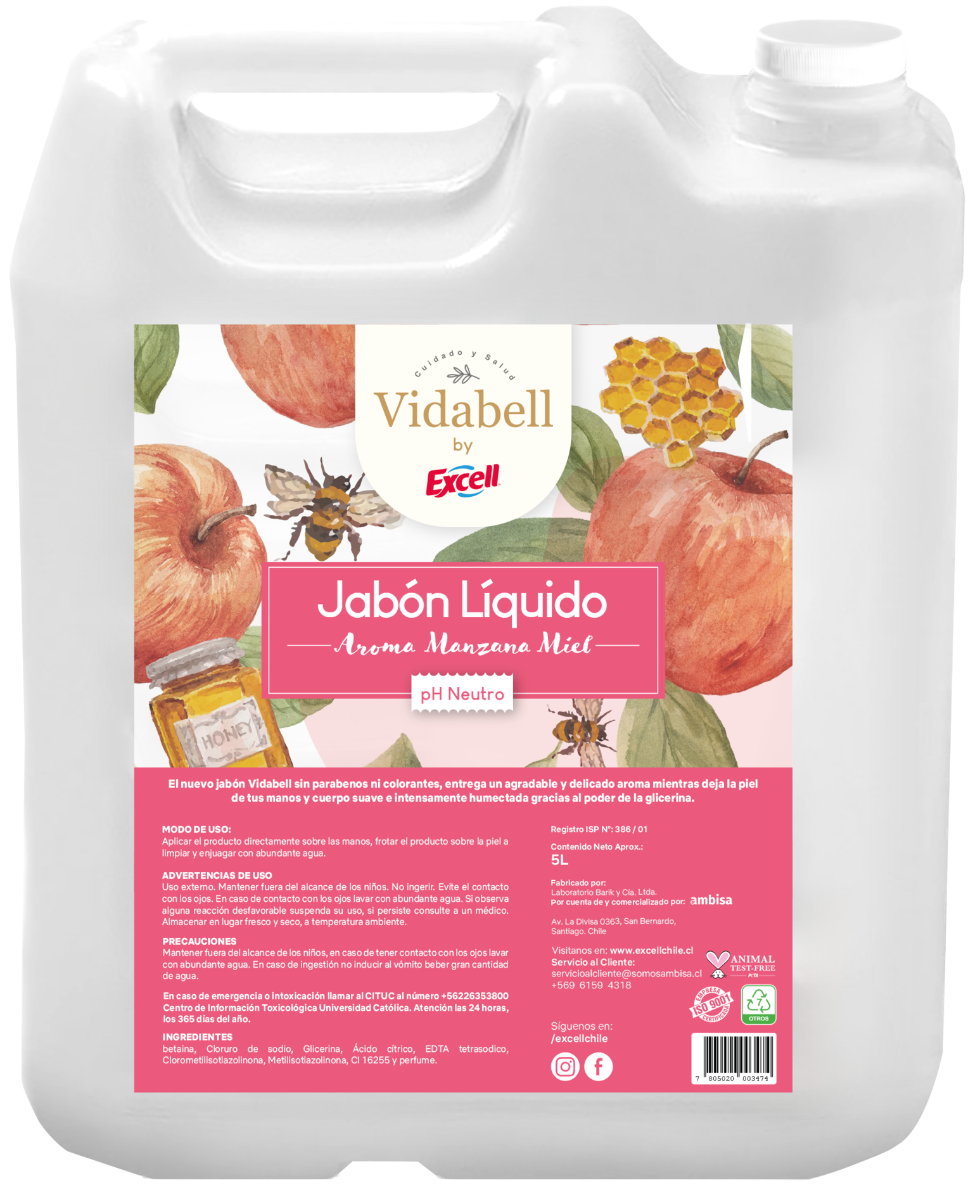 Jabon Liquido Ph Neutro Aroma Manzana Miel 5L Vidabell