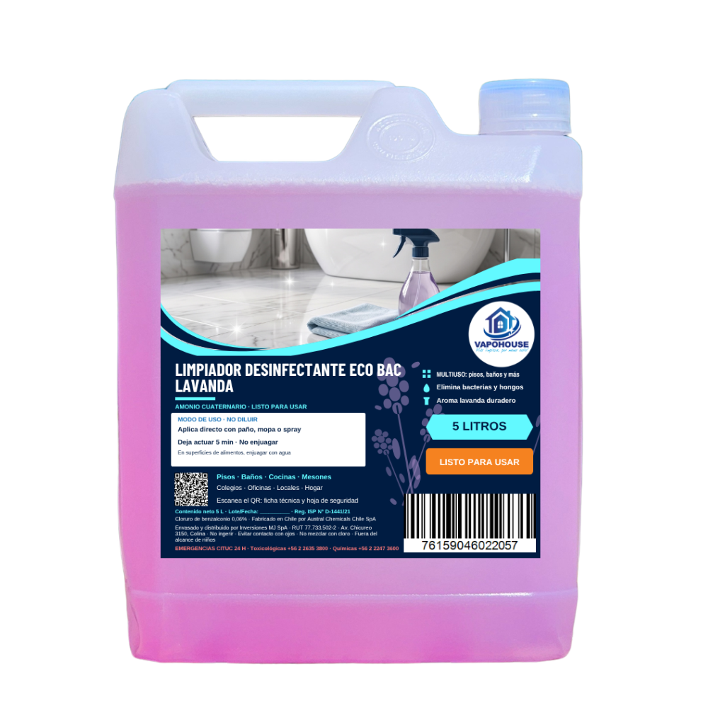 Limpiador Desinfectante Eco Bac Líquido Lavanda 5L Vapohouse