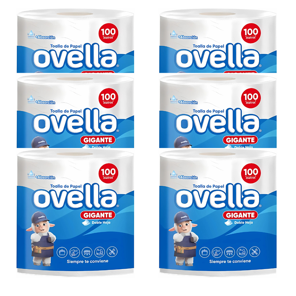 Toalla De Papel Doble Hoja Gigante 100m 6 Rollos Ovella