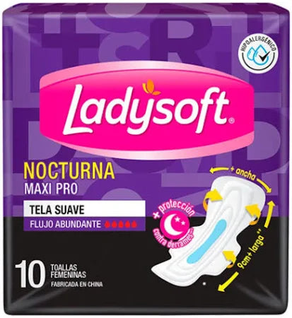 Toallas Femeninas Nocturna Maxi Pro Tela Suave 10u Ladysoft