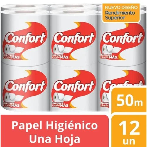Papel Higiénico Una Hoja 50m 12 Rollos Confort