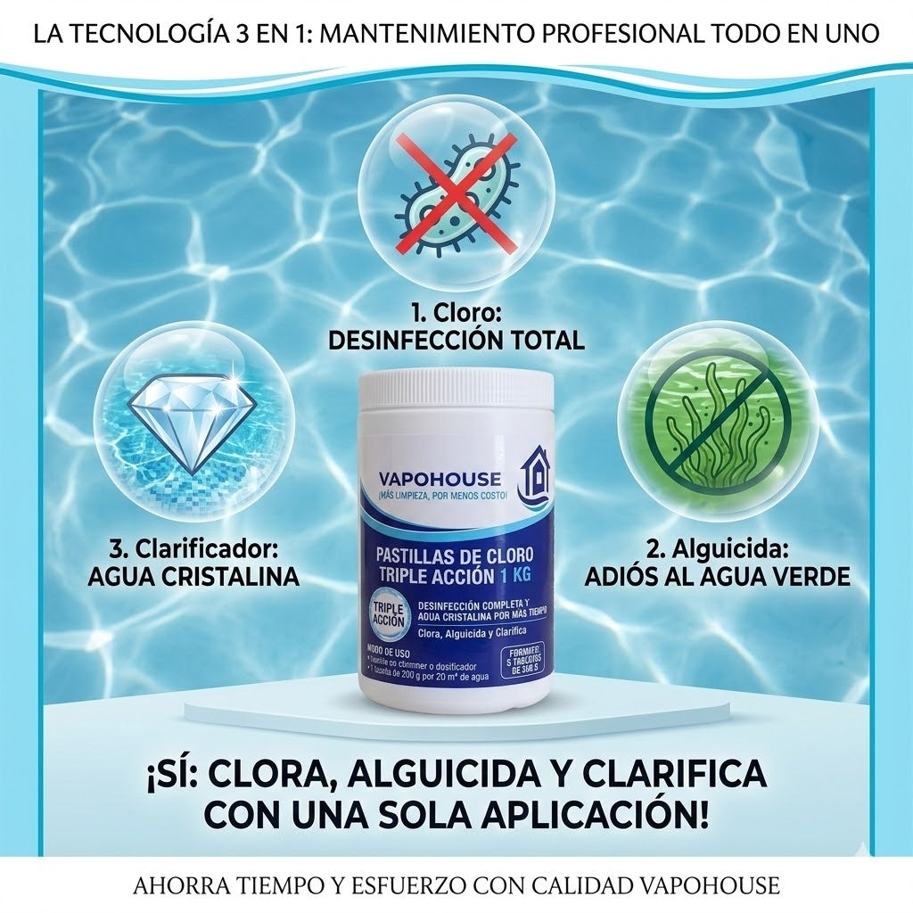 Pastillas De Cloro Triple Accion  Para Piscina 1k Vapohouse